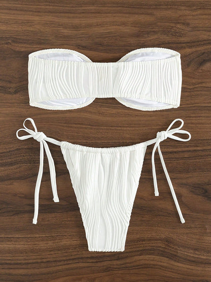 Bikini Sexy Bikini Solid Color Tube Top Split Swimsuit Lace up Swimwear