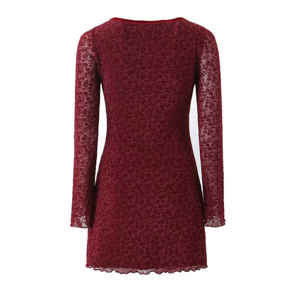 Retro Flocking Jacquard Long Sleeve Dress Women Autumn Winter French Sexy Skinny Sheath Mesh dress