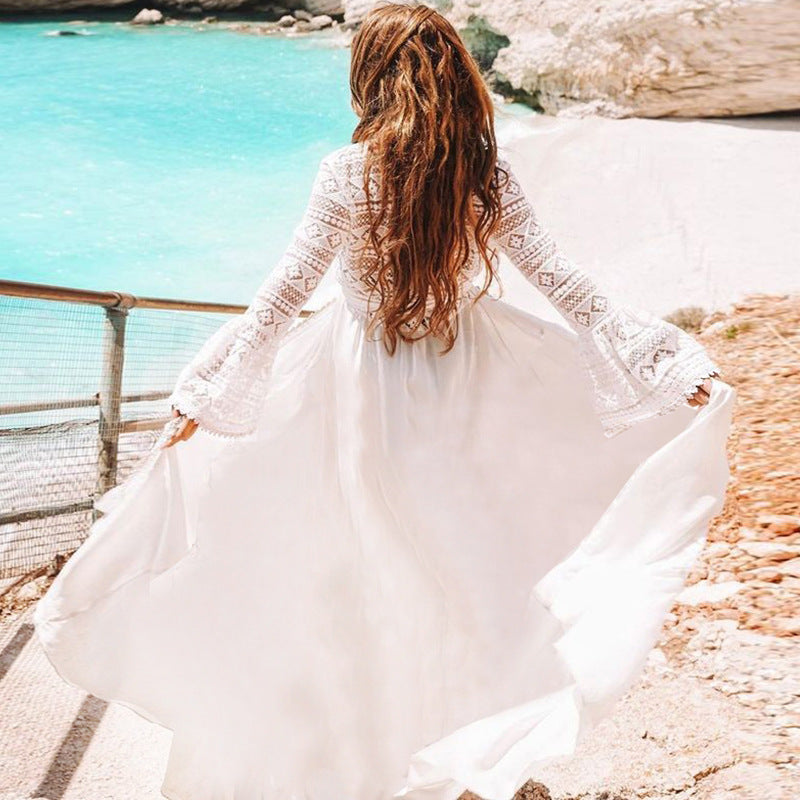 Rayon Stitching Lace Long Cardigan Beach Beach Cover Up Swimsuit Outwear Cardigan Sun Proof Vacation