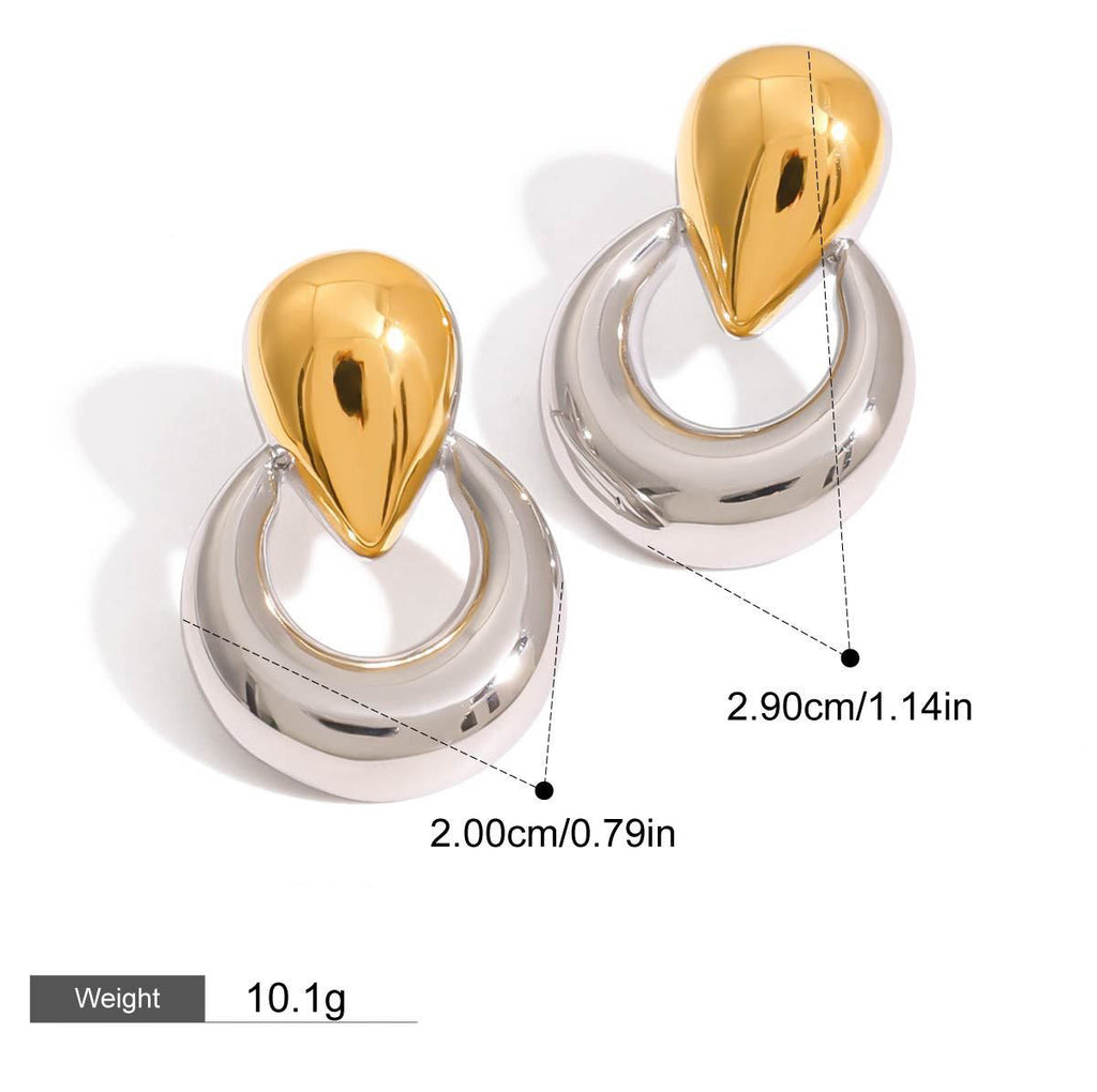 18K gold U-shaped and teardrop-shaped earrings with gold and silver color matching design, trendy and unique