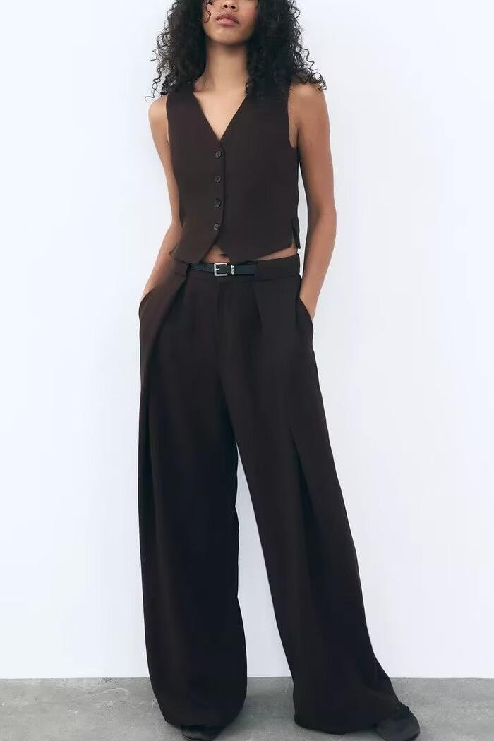 Fall Sets Women Clothing Side Slit Vest Wide Leg Pants