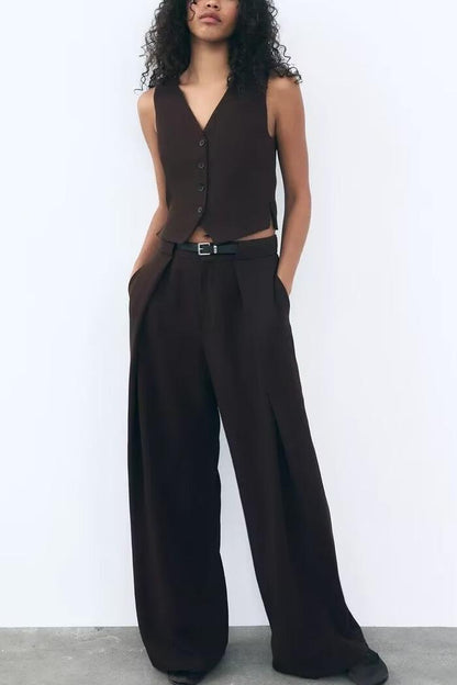 Fall Sets Women Clothing Side Slit Vest Wide Leg Pants