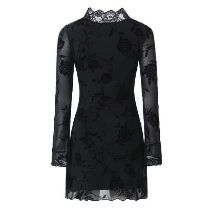 Fall Black Rose Lace Trim Dress Women Clothing