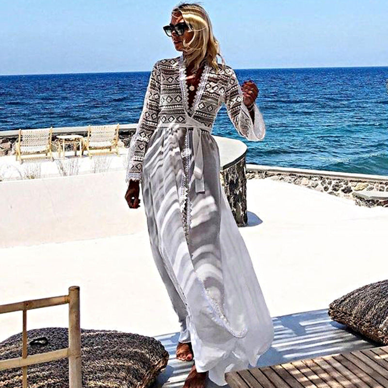 Rayon Stitching Lace Long Cardigan Beach Beach Cover Up Swimsuit Outwear Cardigan Sun Proof Vacation