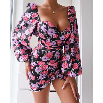 Printed Sexy Square Collar Dress Women Spring Summer Arrival