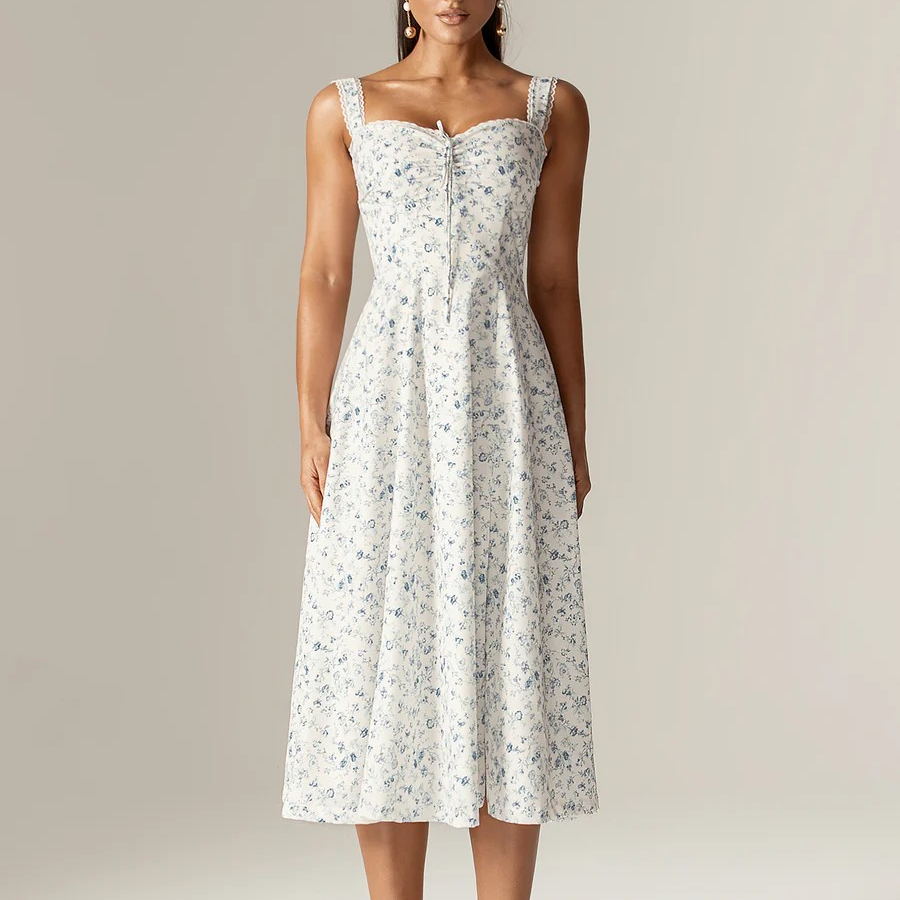 Spring Floral Print Lace Trim High Waist Slim Mid Length Sling Dress