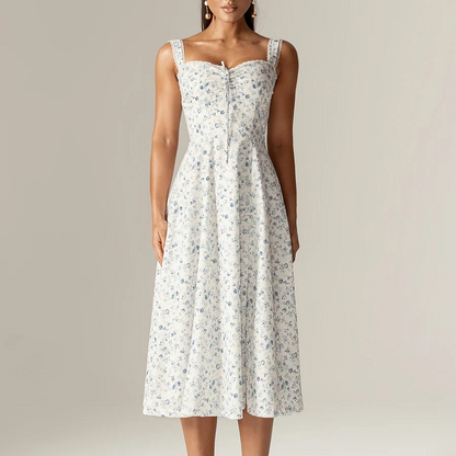 Spring Floral Print Lace Trim High Waist Slim Mid Length Sling Dress
