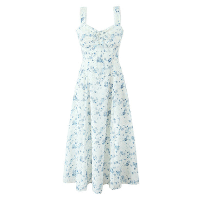 Spring Floral Print Lace Trim High Waist Slim Mid Length Sling Dress