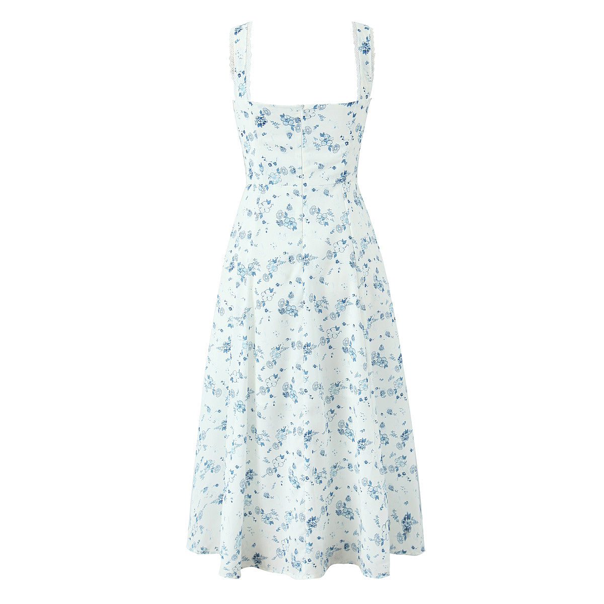 Spring Floral Print Lace Trim High Waist Slim Mid Length Sling Dress