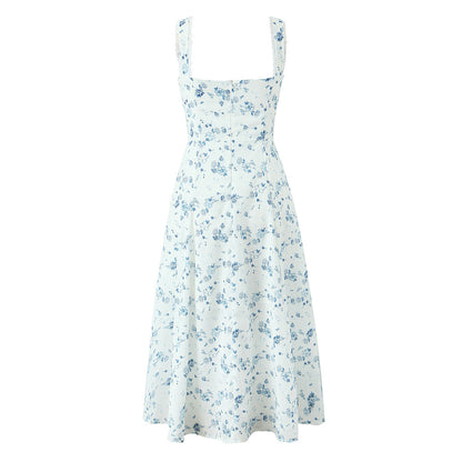 Spring Floral Print Lace Trim High Waist Slim Mid Length Sling Dress