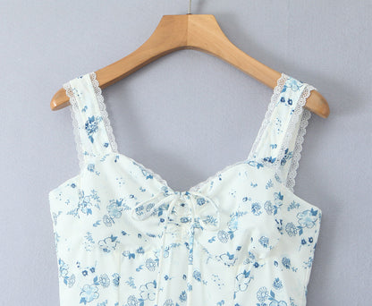 Spring Floral Print Lace Trim High Waist Slim Mid Length Sling Dress