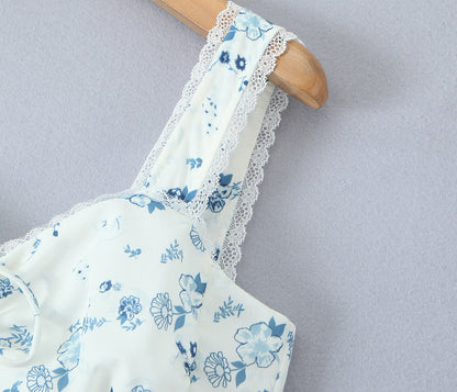 Spring Floral Print Lace Trim High Waist Slim Mid Length Sling Dress
