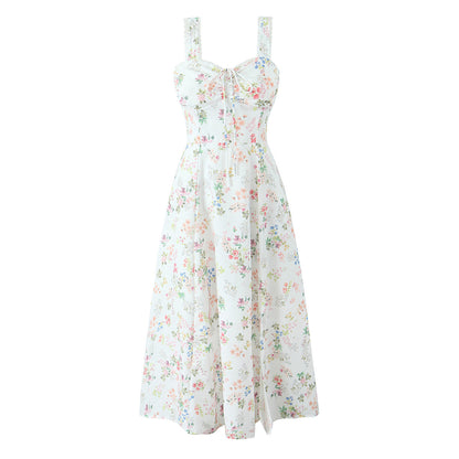Spring Floral Print Lace Trim High Waist Slim Mid Length Sling Dress