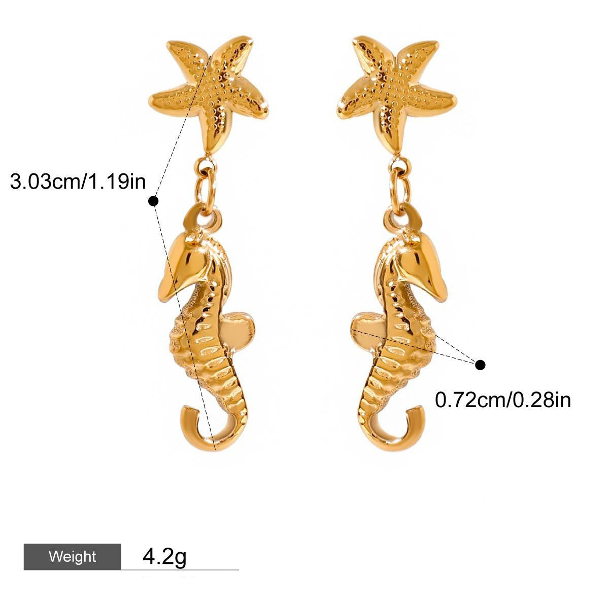 18K gold seahorse-shaped earrings with a trendy marine style