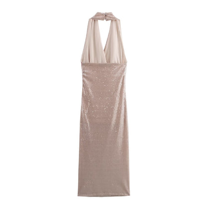 Women French Sequin Pleated Halter Dress