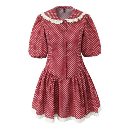 Women Clothing Spring Retro Red French Doll Collar Waist Controlled Lace up Dress
