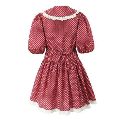 Women Clothing Spring Retro Red French Doll Collar Waist Controlled Lace up Dress