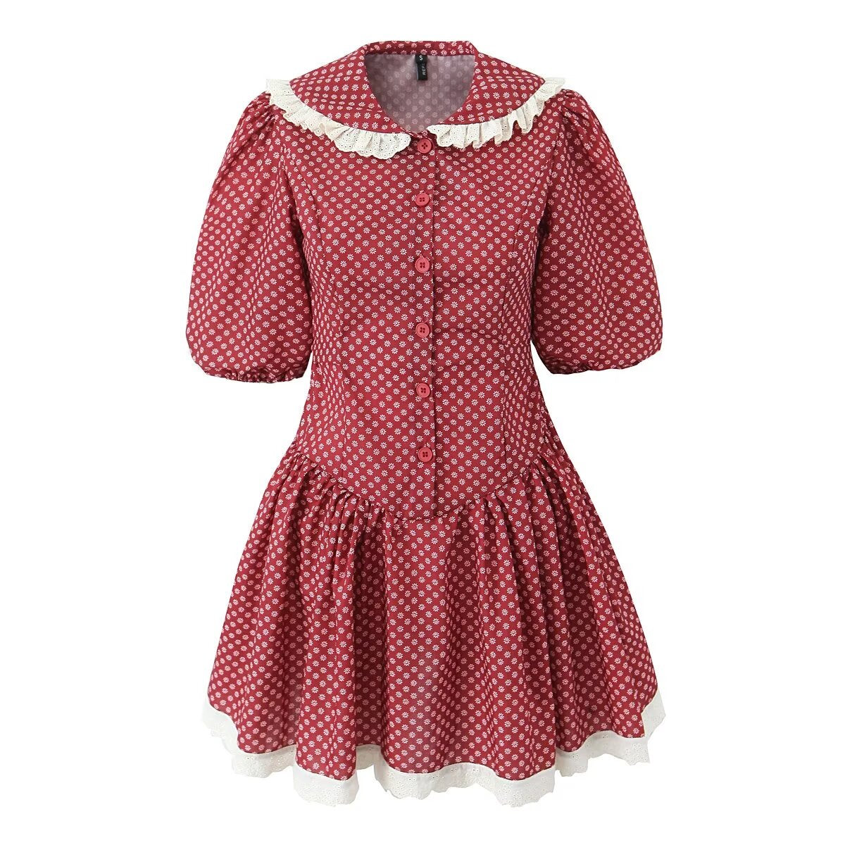 Women Clothing Spring Retro Red French Doll Collar Waist Controlled Lace up Dress
