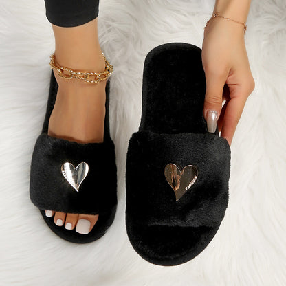 Fluffy Slippers Heart-Shaped Flat Slippers Women Home Casual Anti Rabbit Fur Cotton Slippers Women