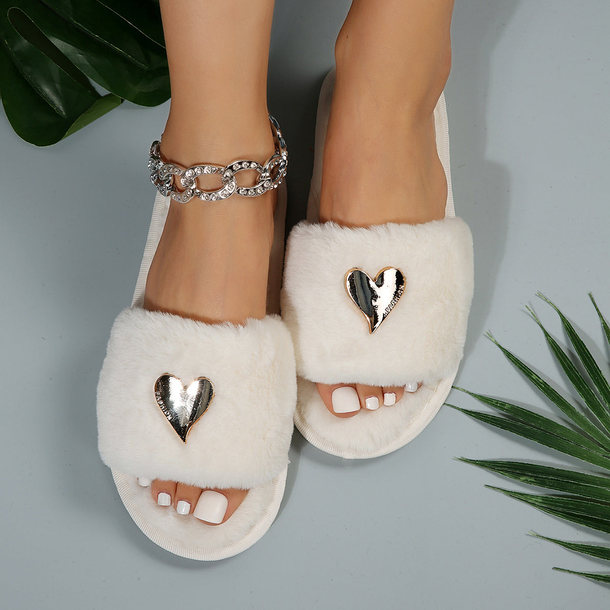 Fluffy Slippers Heart-Shaped Flat Slippers Women Home Casual Anti Rabbit Fur Cotton Slippers Women