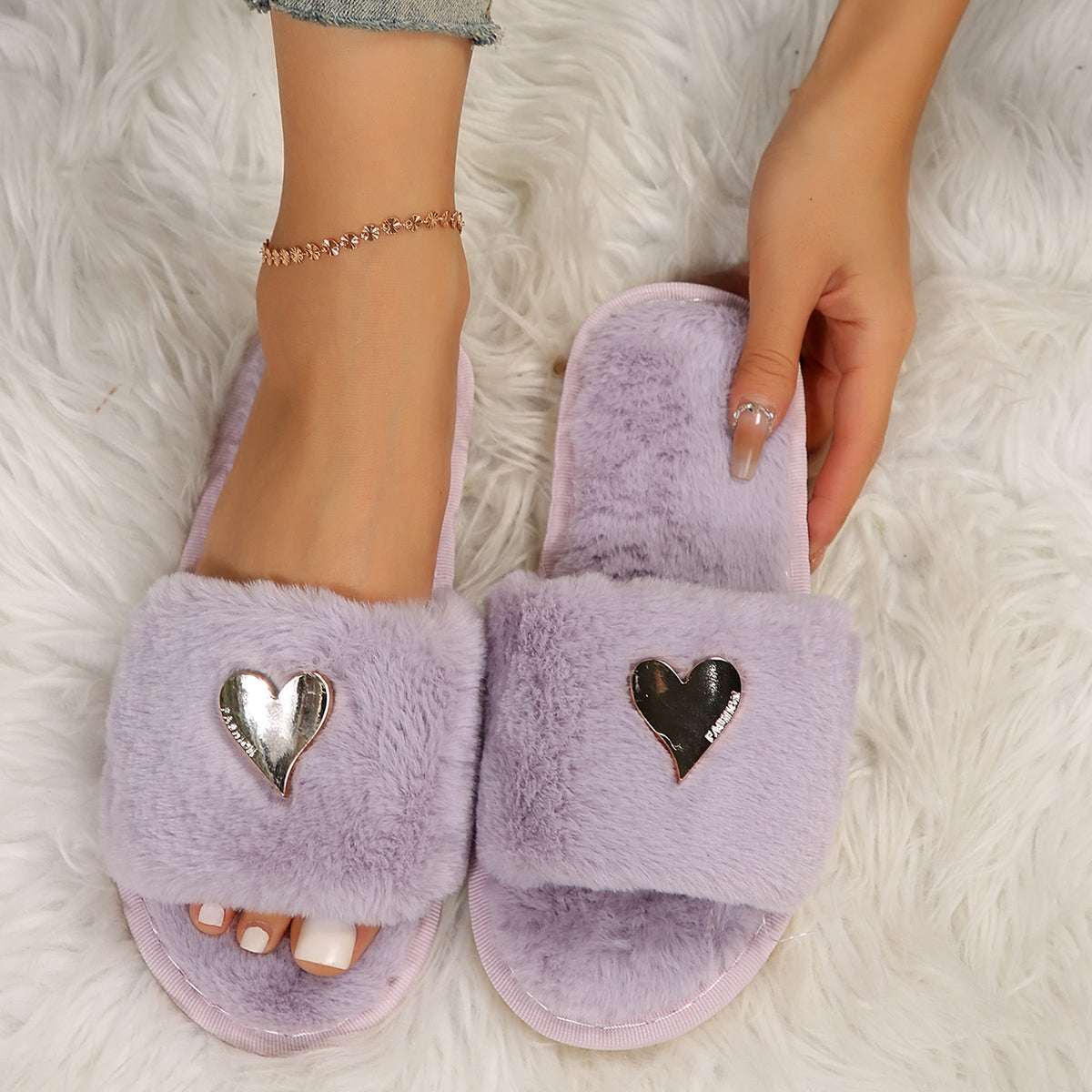 Fluffy Slippers Heart-Shaped Flat Slippers Women Home Casual Anti Rabbit Fur Cotton Slippers Women