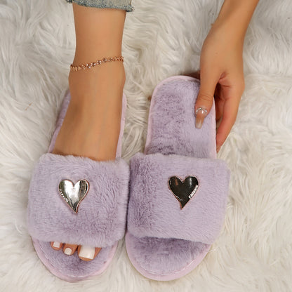 Fluffy Slippers Heart-Shaped Flat Slippers Women Home Casual Anti Rabbit Fur Cotton Slippers Women