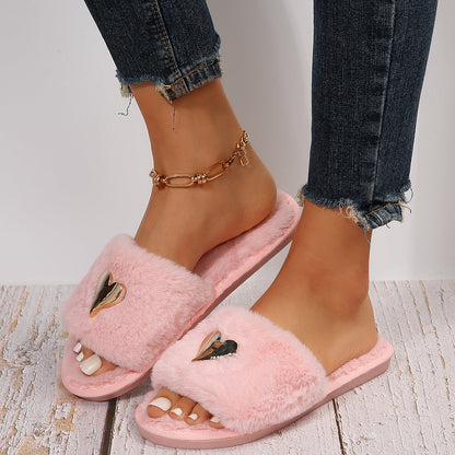 Fluffy Slippers Heart-Shaped Flat Slippers Women Home Casual Anti Rabbit Fur Cotton Slippers Women