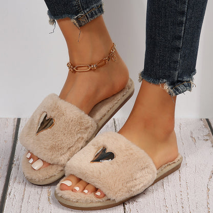 Fluffy Slippers Heart-Shaped Flat Slippers Women Home Casual Anti Rabbit Fur Cotton Slippers Women