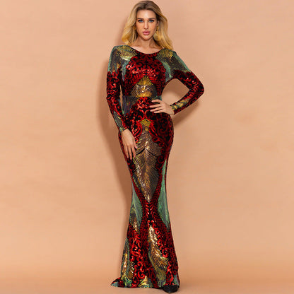 Evening Dress Women Spring Summer Stitching Mop Long Sequ Dress Ladies Formal Gown