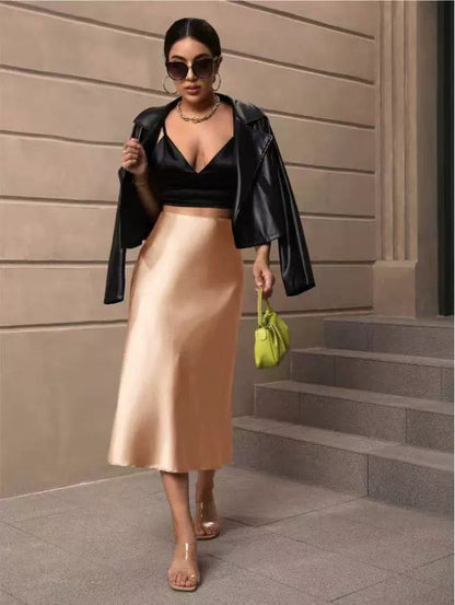 Hip Wrapped Fishtail Skirt Satin Mid Length Skirt Autumn Women Clothing Direct
