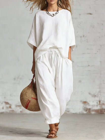 Women's Solid Color Loose Casual Set – T-Shirt & Ankle Pants