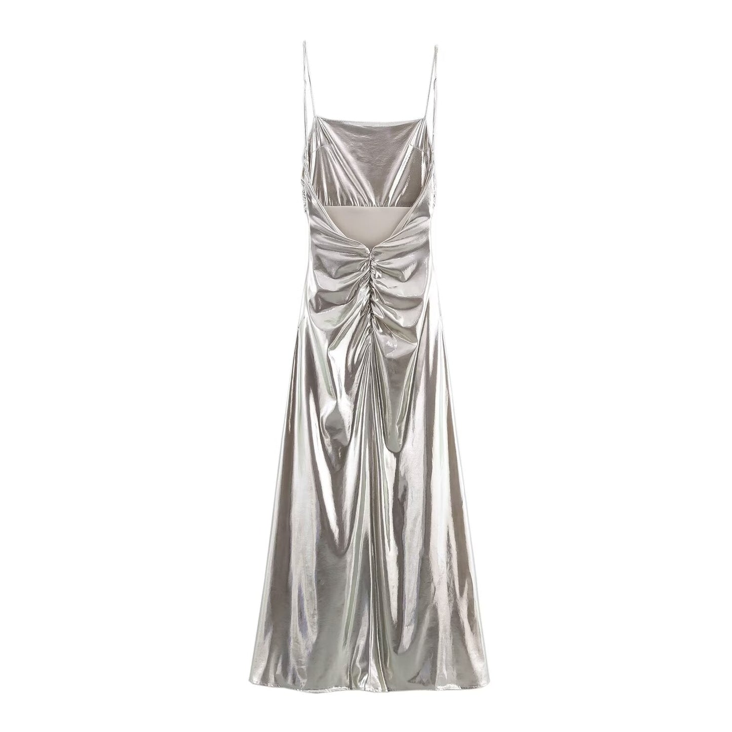 Women Clothing Metal Foil Pleated Slim Strap Dress