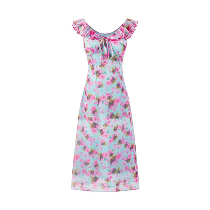 Summer High Grade Waist Tight Slimming Midi Dress Gentle Ruffled V neck Floral Dress