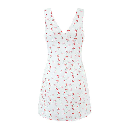 Women Clothing Summer Sexy Low Cut V neck Sleeveless Printed Dress