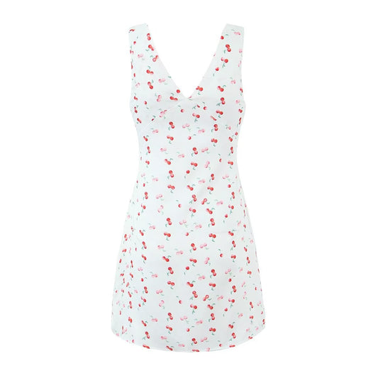 Women Clothing Summer Sexy Low Cut V neck Sleeveless Printed Dress