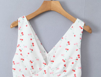 Women Clothing Summer Sexy Low Cut V neck Sleeveless Printed Dress
