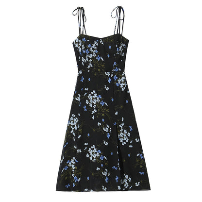 Spring French Vintage Floral Printed High Waist Sexy Side Split Hem Sling Dress