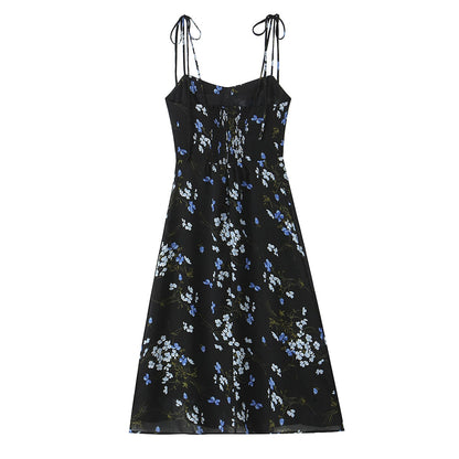 Spring French Vintage Floral Printed High Waist Sexy Side Split Hem Sling Dress
