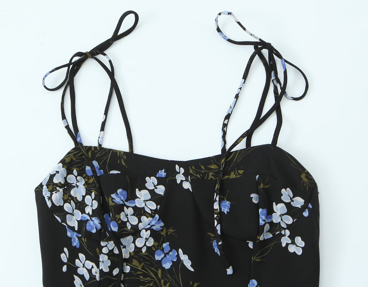 Spring French Vintage Floral Printed High Waist Sexy Side Split Hem Sling Dress