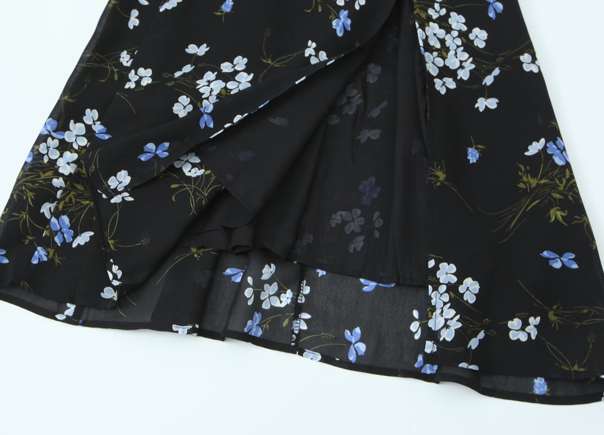 Spring French Vintage Floral Printed High Waist Sexy Side Split Hem Sling Dress