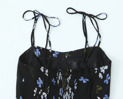 Spring French Vintage Floral Printed High Waist Sexy Side Split Hem Sling Dress