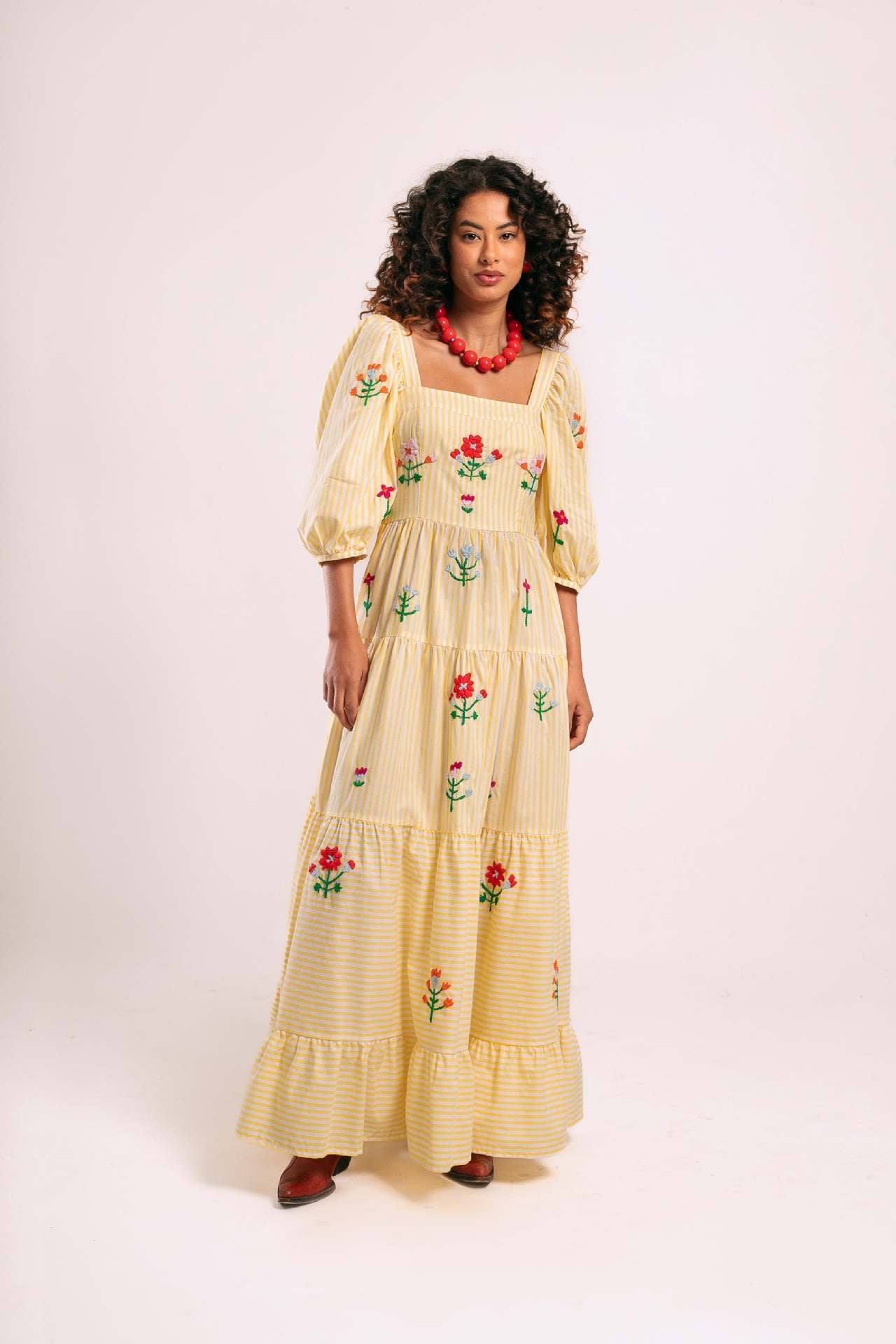 Autumn Puff Sleeve Embroidered Square Collar Swing Maxi Dress Beach Holiday Dress Women
