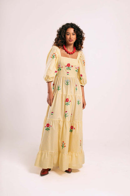 Autumn Puff Sleeve Embroidered Square Collar Swing Maxi Dress Beach Holiday Dress Women