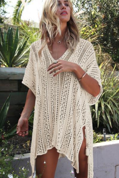 Vacation Swimsuit Hollow Out Cutout out V neck Loose Beach Cover Up Knitted Beach Sun Protection Clothing Dress