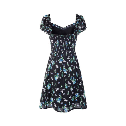 Early Spring Square Collar Puff Sleeve Waist Slimming Printing Dress