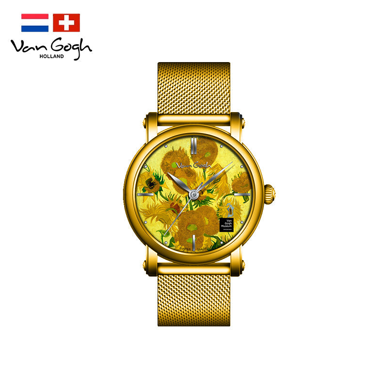 Van Gogh Women's Quartz Watch 3D Printed Oil Painting Dial Steel Strap Sunflowers