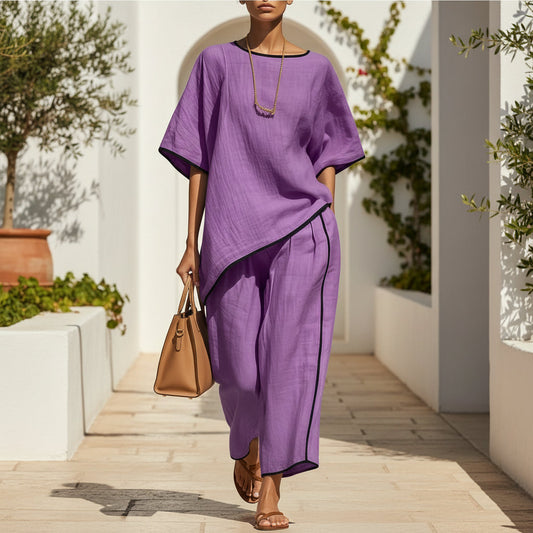 Women's Casual Resort Loose Short-Sleeve Top & Pants Set