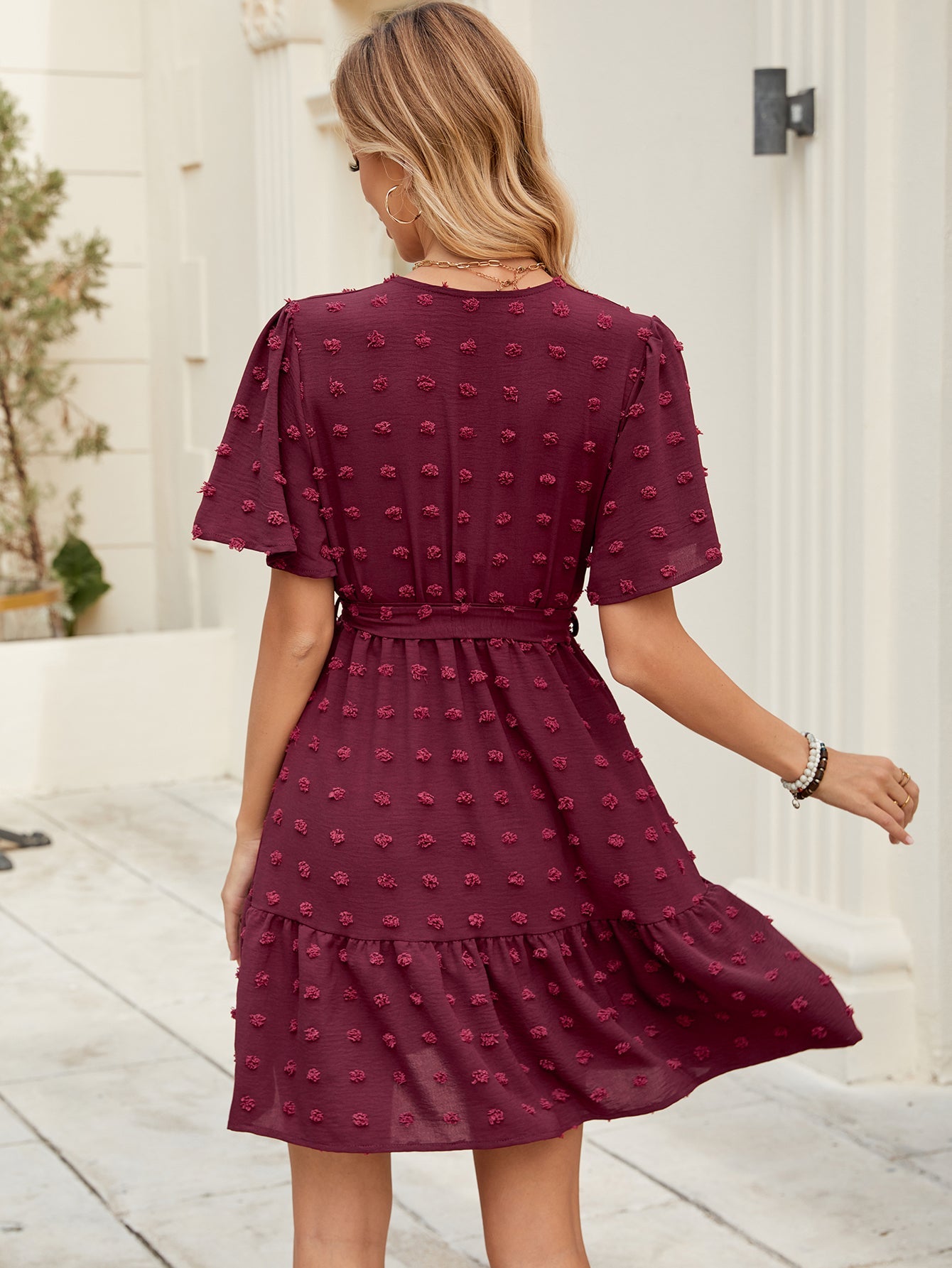 Women Summer Solid Color Butterfly Sleeve V Neck Belt Dress