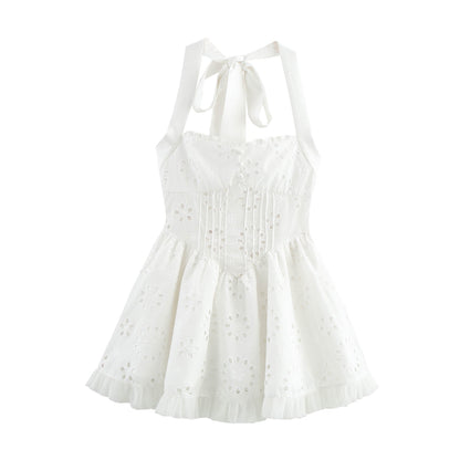 Women Sweet Cutout Embroidery Lace Stitching Halter Lace up Dress