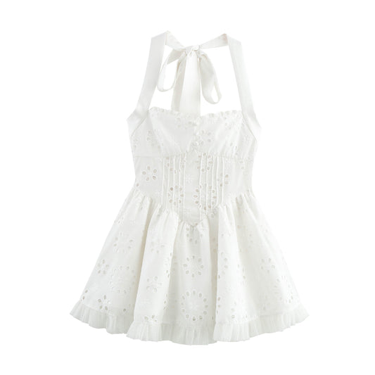 Women Sweet Cutout Embroidery Lace Stitching Halter Lace up Dress